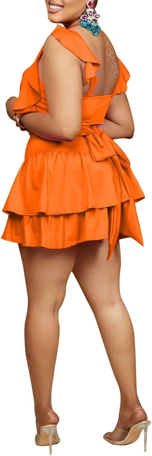 Summer Outfits for Women 2 Piece Set Casual Sleeveless Lace Up Crop Top Ruffle Mini Skirt Set
