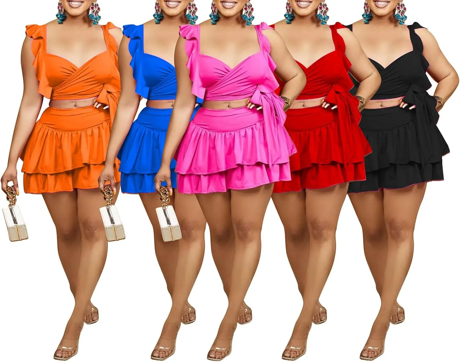 Summer Outfits for Women 2 Piece Set Casual Sleeveless Lace Up Crop Top Ruffle Mini Skirt Set