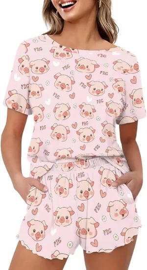 Summer Pajamas Set for Women Short Sleeve T Shirt with Shorts Sleepwear