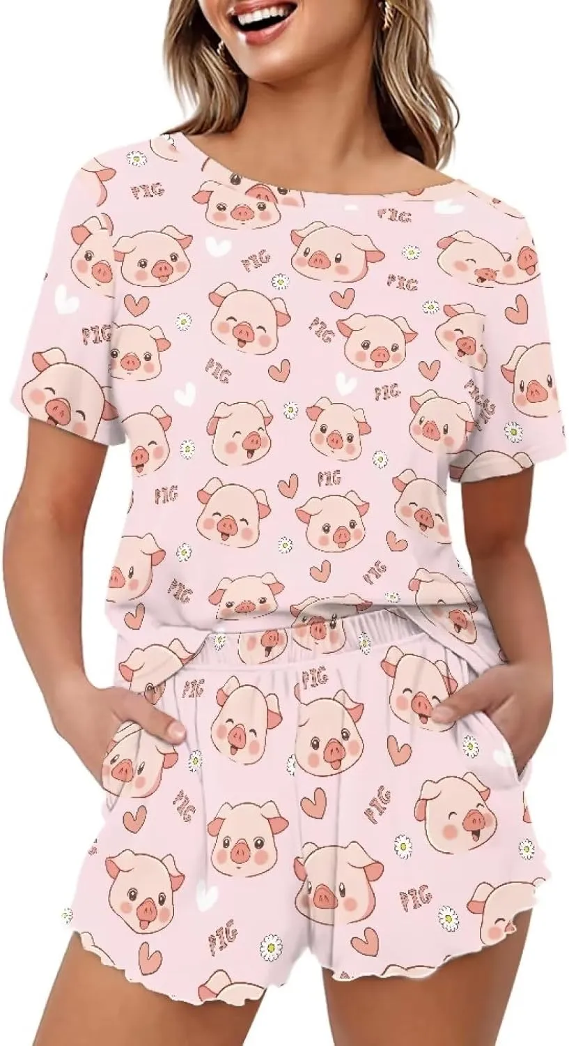 Summer Pajamas Set for Women Short Sleeve T Shirt with Shorts Sleepwear