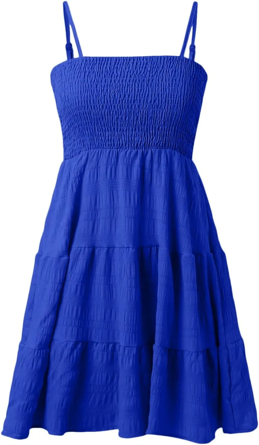 Sundress for Women Cute Spaghetti Strap Smocked Tiered Holiday Casual Summer Boho Flowy Swing Beach A-Line Mini Dress