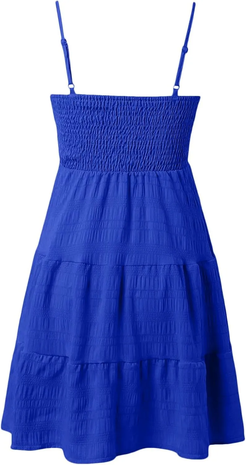 Sundress for Women Cute Spaghetti Strap Smocked Tiered Holiday Casual Summer Boho Flowy Swing Beach A-Line Mini Dress