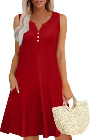 Sundresses for Women 2025 Button Up Summer Sleeveless V Neck Midi Dress A Line Beach Vacation Tank Dresses with Pocket