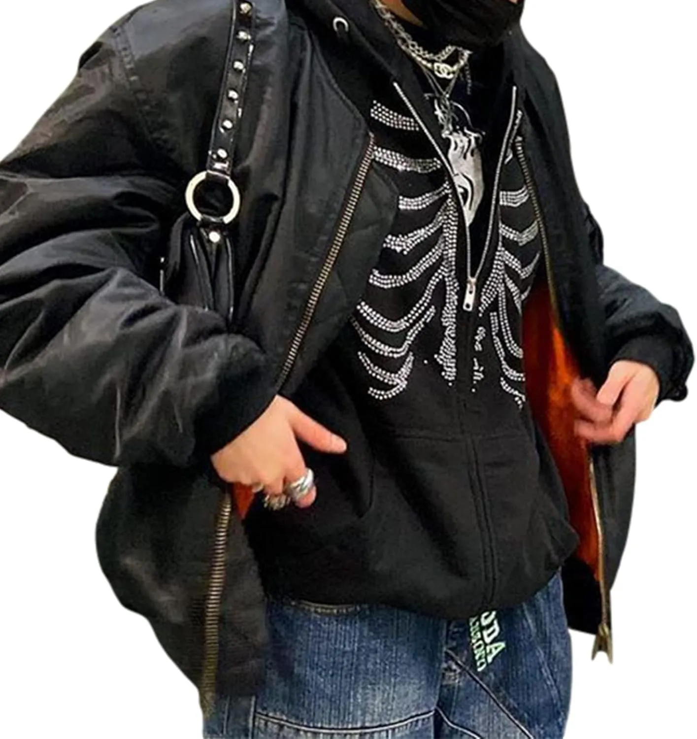 Sunwittafy Y2k Hoodie Men Women Black Rhinestone Zip Up Hoodie Grunge Hooded Oversized Sweatshirt Harajuku Streetwear
