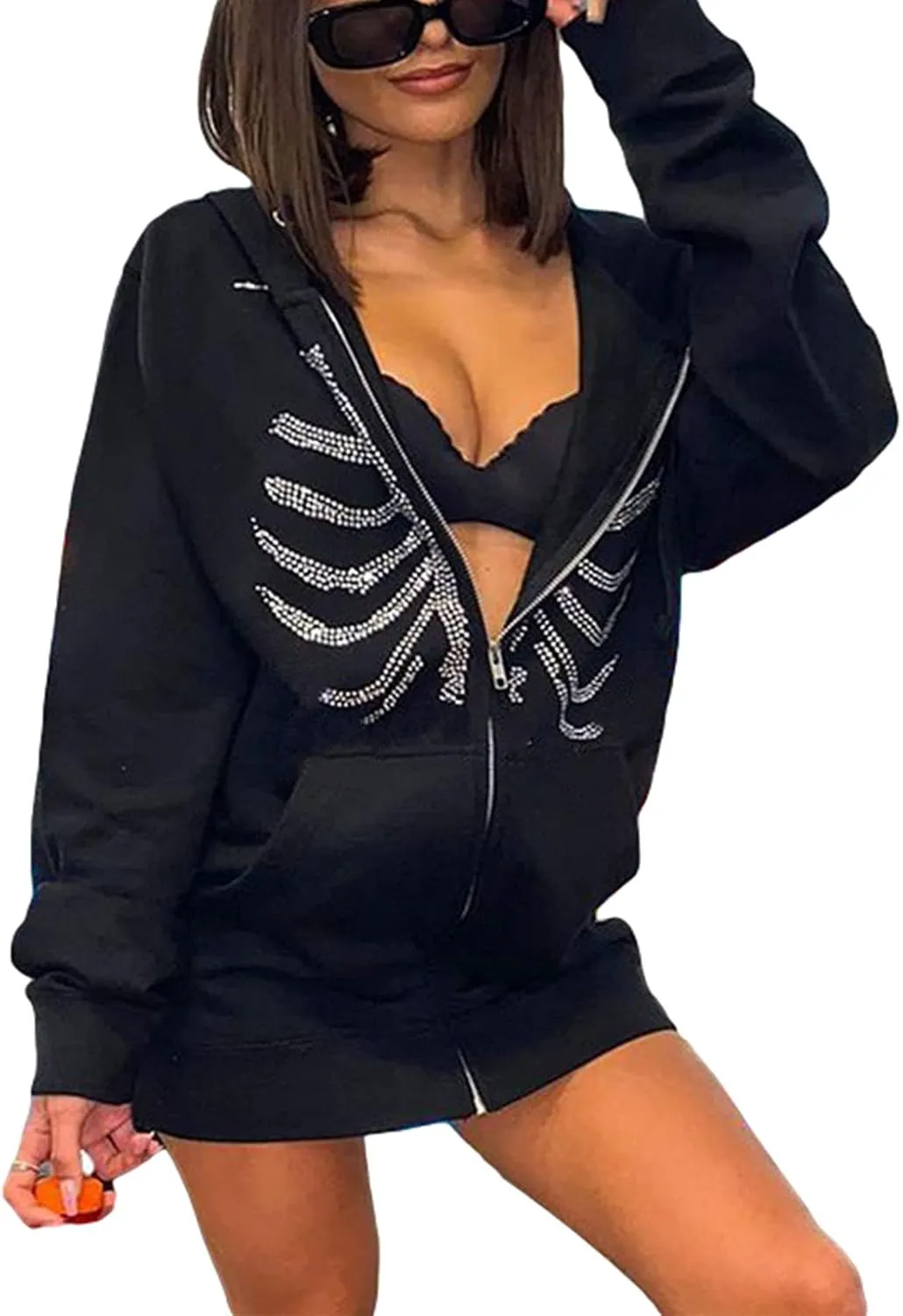 Sunwittafy Y2k Hoodie Men Women Black Rhinestone Zip Up Hoodie Grunge Hooded Oversized Sweatshirt Harajuku Streetwear