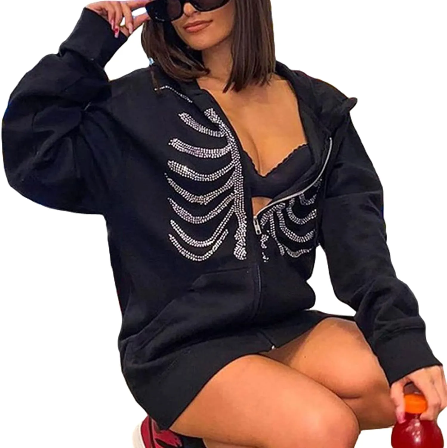 Sunwittafy Y2k Hoodie Men Women Black Rhinestone Zip Up Hoodie Grunge Hooded Oversized Sweatshirt Harajuku Streetwear
