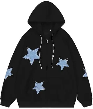 Sunwittafy Y2k Hoodie Men Women Star Zip Up Hoodie Letter Print Harajuku Oversized Sweatshirt Grunge Jacket Streetwear