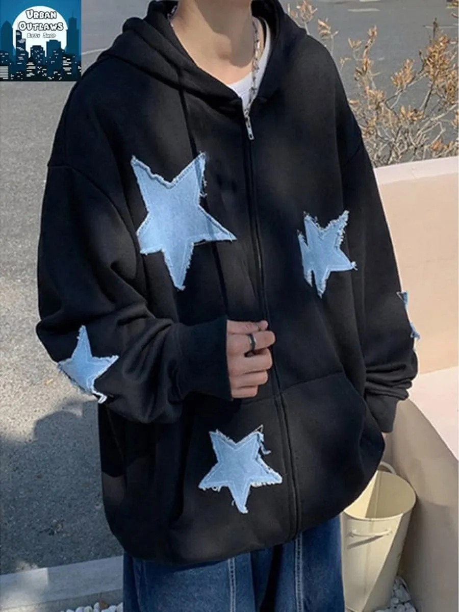 Sunwittafy Y2k Hoodie Men Women Star Zip Up Hoodie Letter Print Harajuku Oversized Sweatshirt Grunge Jacket Streetwear