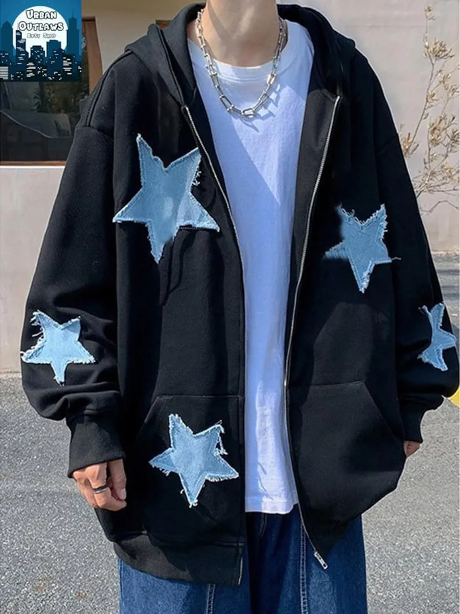 Sunwittafy Y2k Hoodie Men Women Star Zip Up Hoodie Letter Print Harajuku Oversized Sweatshirt Grunge Jacket Streetwear