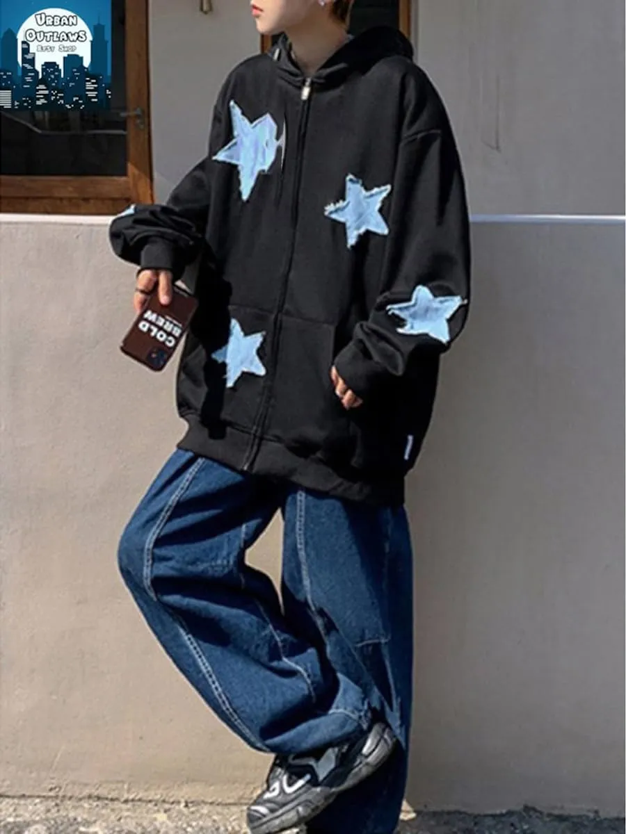 Sunwittafy Y2k Hoodie Men Women Star Zip Up Hoodie Letter Print Harajuku Oversized Sweatshirt Grunge Jacket Streetwear