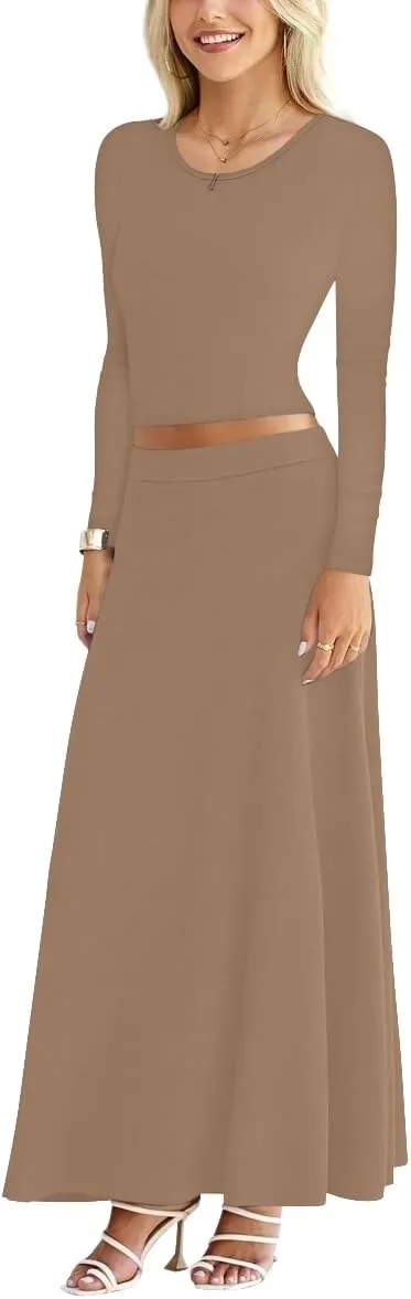 Sweet Hearts 2 Piece Sets for Women- Casual Modal Maxi Skirt Long Sleeve Crop Tops Womens 2 Piece Outfits Fall Made in USA