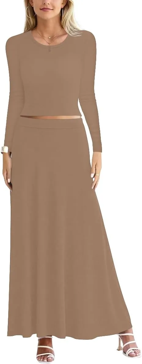 Sweet Hearts 2 Piece Sets for Women- Casual Modal Maxi Skirt Long Sleeve Crop Tops Womens 2 Piece Outfits Fall Made in USA