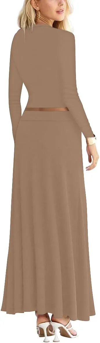 Sweet Hearts 2 Piece Sets for Women- Casual Modal Maxi Skirt Long Sleeve Crop Tops Womens 2 Piece Outfits Fall Made in USA
