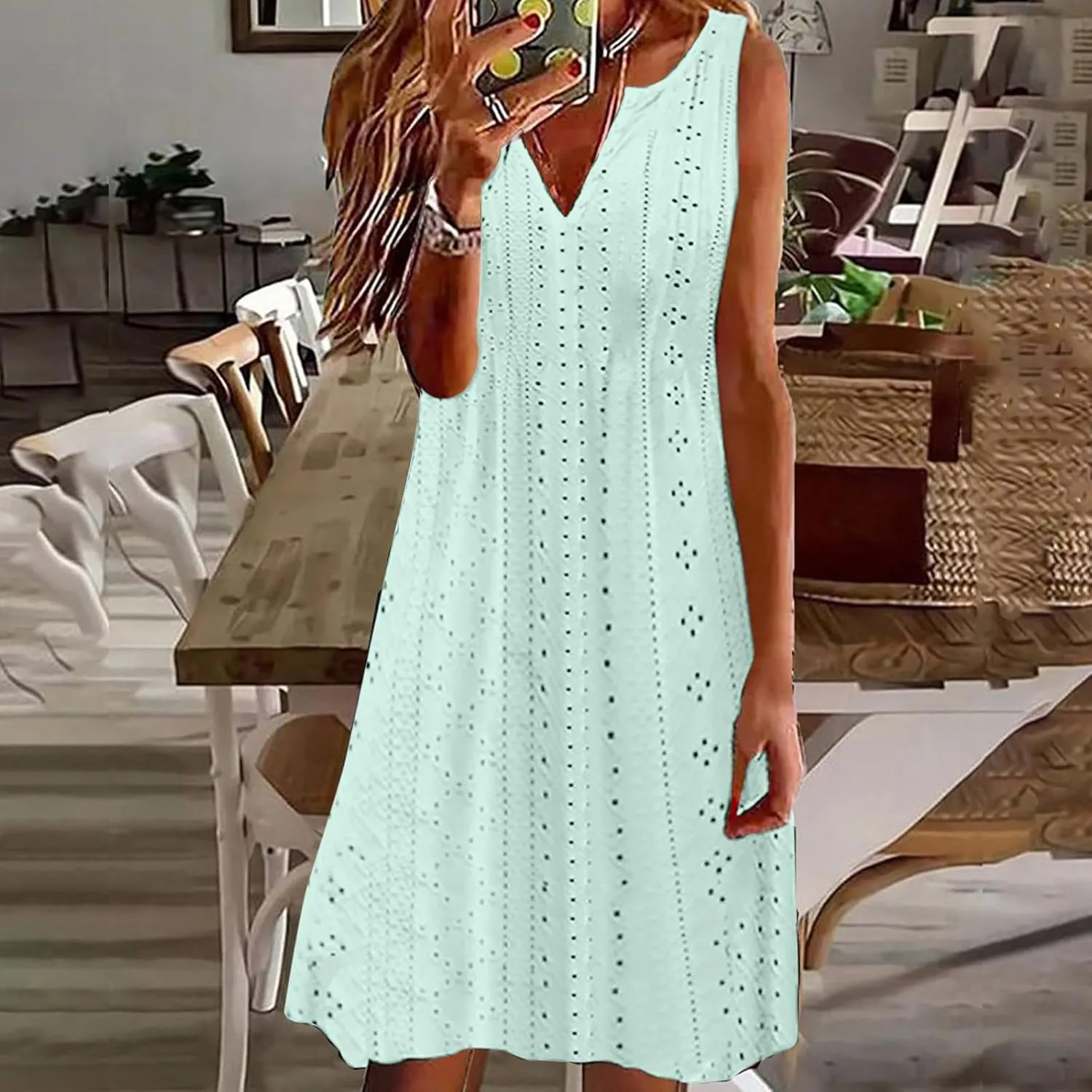 Sweetheart Embroidery Eyelet Tank Dress for Women Solid V Neck Sleeveless Sundress Casual Vacation Beach Dress