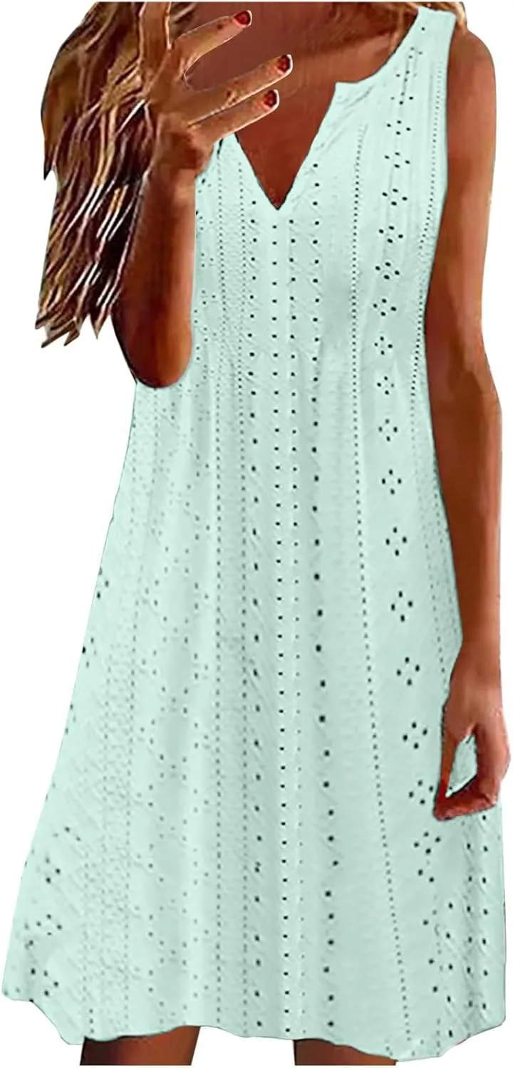 Sweetheart Embroidery Eyelet Tank Dress for Women Solid V Neck Sleeveless Sundress Casual Vacation Beach Dress