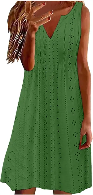 Sweetheart Embroidery Eyelet Tank Dress for Women Solid V Neck Sleeveless Sundress Casual Vacation Beach Dress