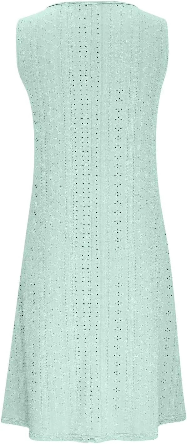 Sweetheart Embroidery Eyelet Tank Dress for Women Solid V Neck Sleeveless Sundress Casual Vacation Beach Dress