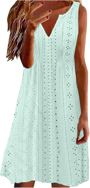 Sweetheart Embroidery Eyelet Tank Dress for Women Solid V Neck Sleeveless Sundress Casual Vacation Beach Dress