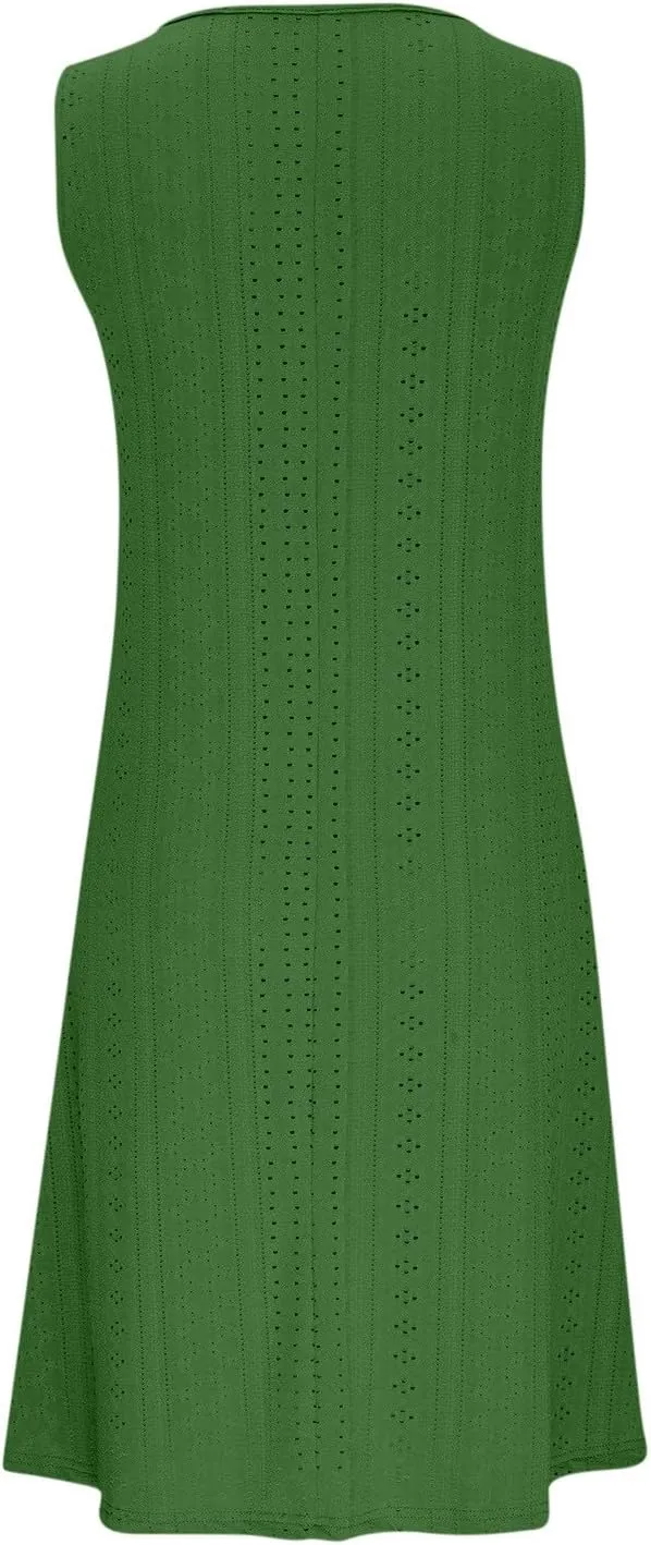 Sweetheart Embroidery Eyelet Tank Dress for Women Solid V Neck Sleeveless Sundress Casual Vacation Beach Dress