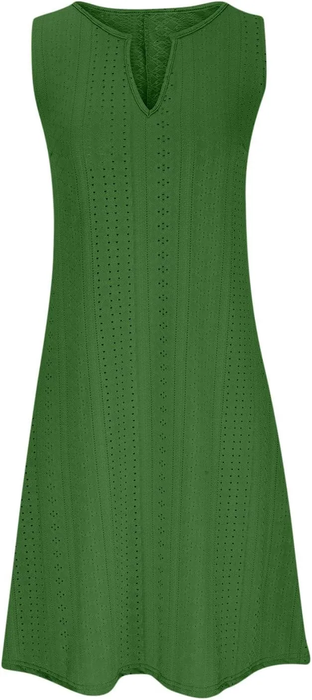 Sweetheart Embroidery Eyelet Tank Dress for Women Solid V Neck Sleeveless Sundress Casual Vacation Beach Dress
