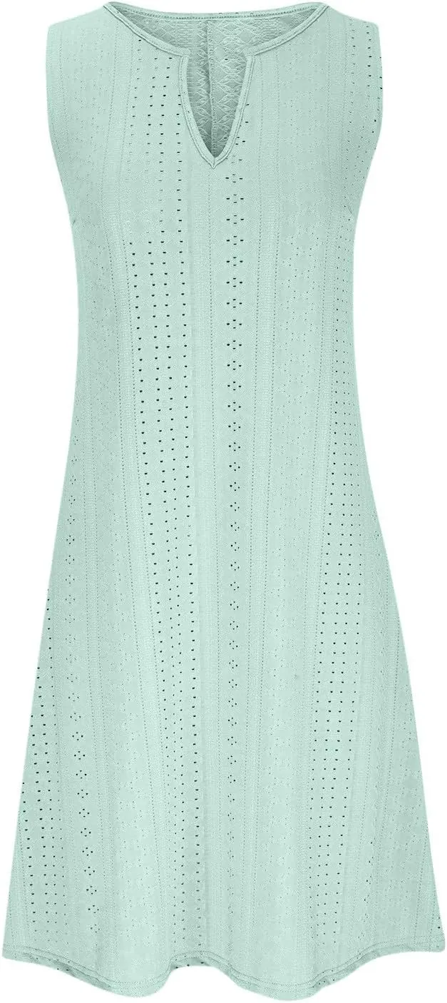 Sweetheart Embroidery Eyelet Tank Dress for Women Solid V Neck Sleeveless Sundress Casual Vacation Beach Dress