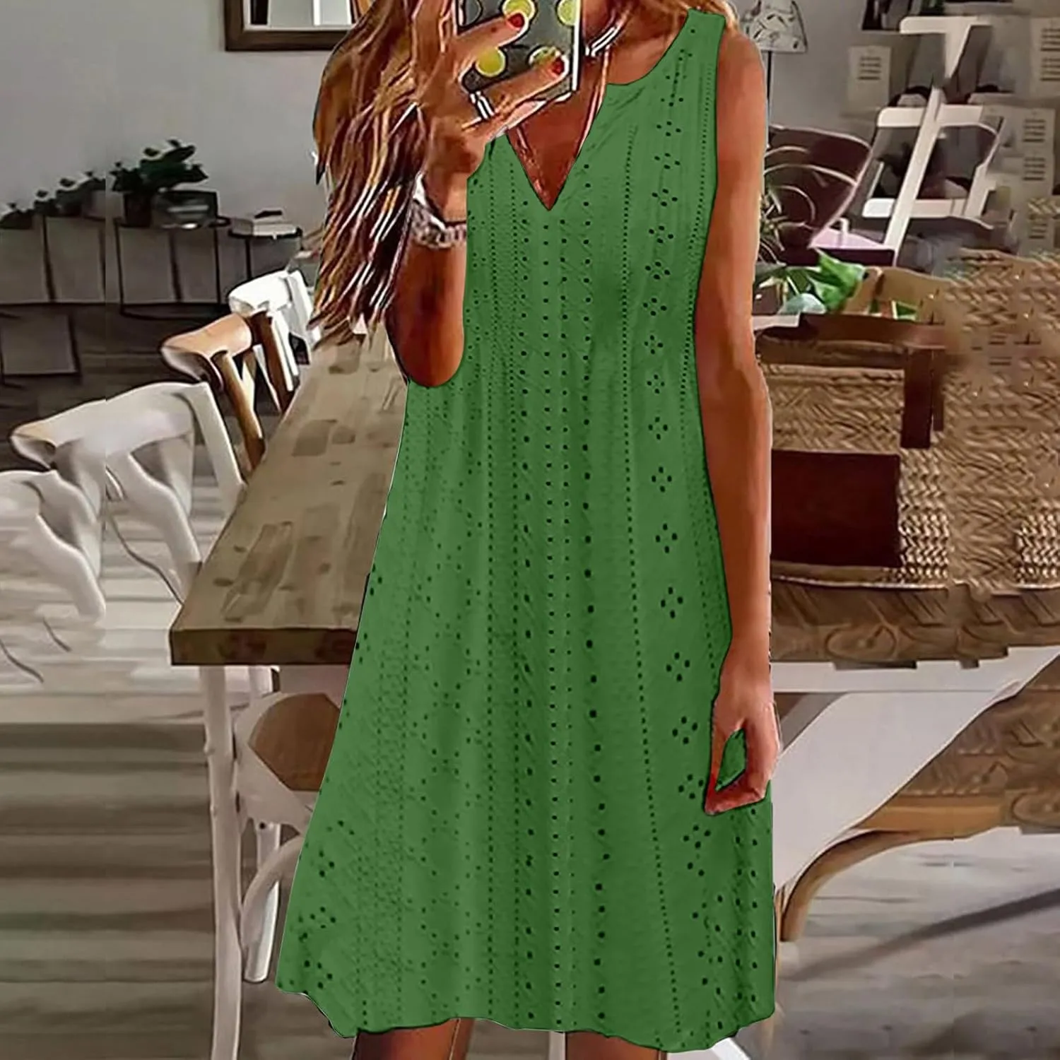 Sweetheart Embroidery Eyelet Tank Dress for Women Solid V Neck Sleeveless Sundress Casual Vacation Beach Dress
