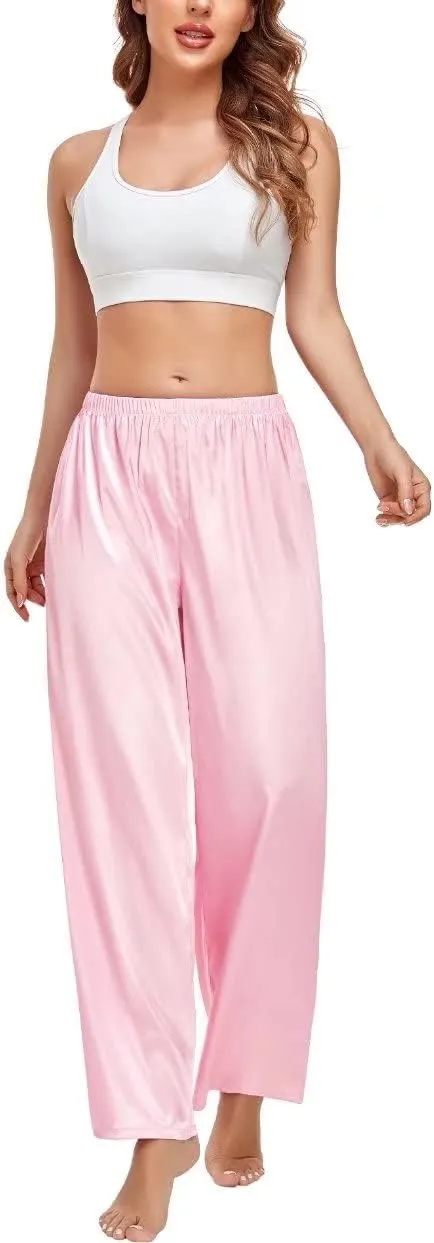 SWOMOG Women's Silk Satin Pajama Pants Longs Silky Sleep Pants Loungewear Trousers Elastic Waist Lounge Pj Bottoms