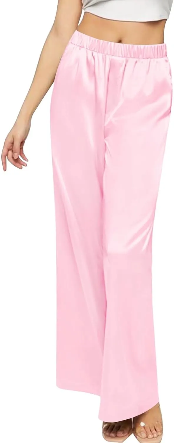 SWOMOG Women's Silk Satin Pajama Pants Longs Silky Sleep Pants Loungewear Trousers Elastic Waist Lounge Pj Bottoms