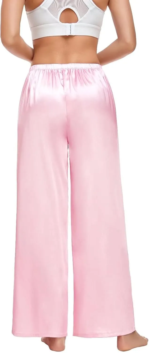 SWOMOG Women's Silk Satin Pajama Pants Longs Silky Sleep Pants Loungewear Trousers Elastic Waist Lounge Pj Bottoms