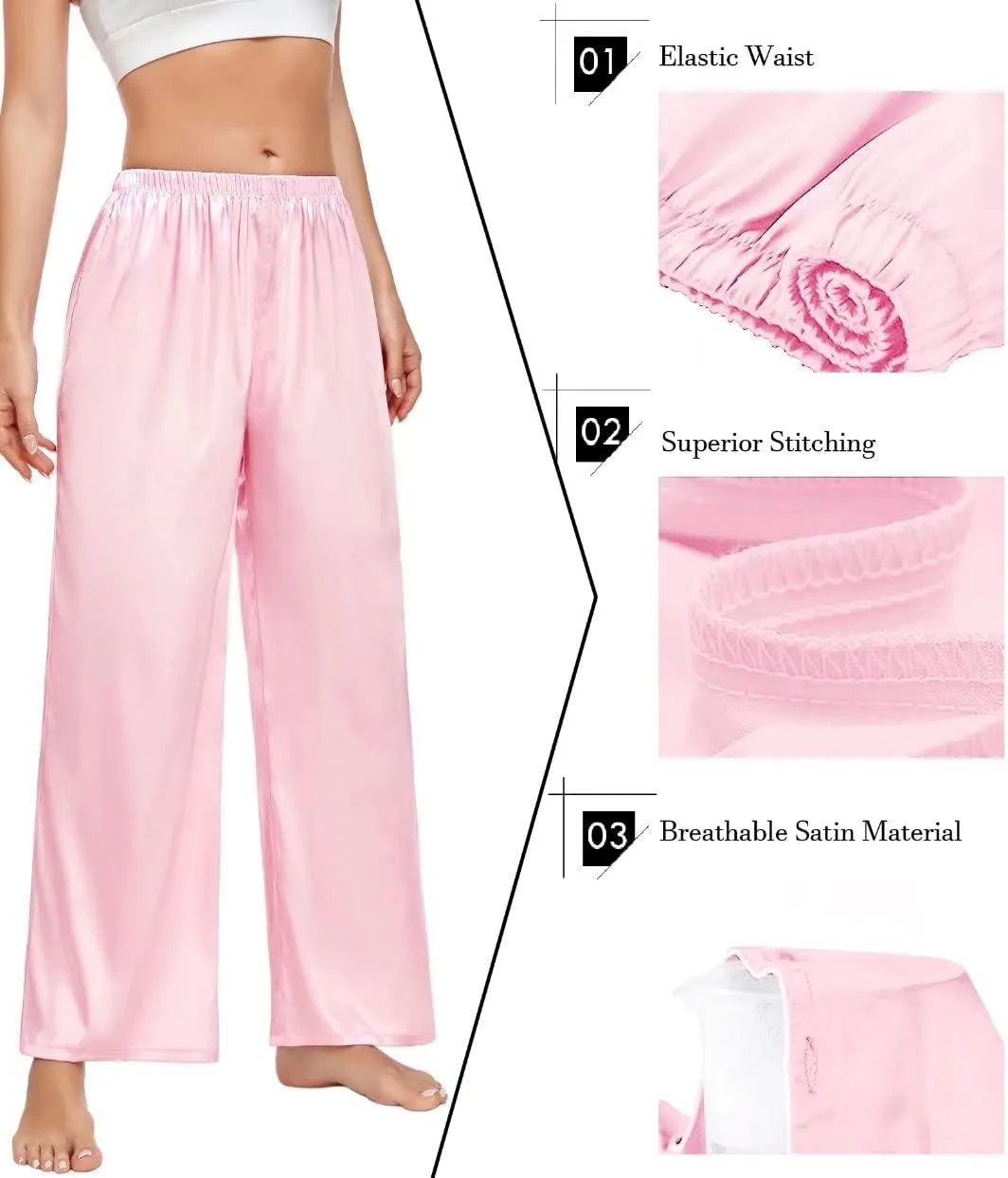 SWOMOG Women's Silk Satin Pajama Pants Longs Silky Sleep Pants Loungewear Trousers Elastic Waist Lounge Pj Bottoms