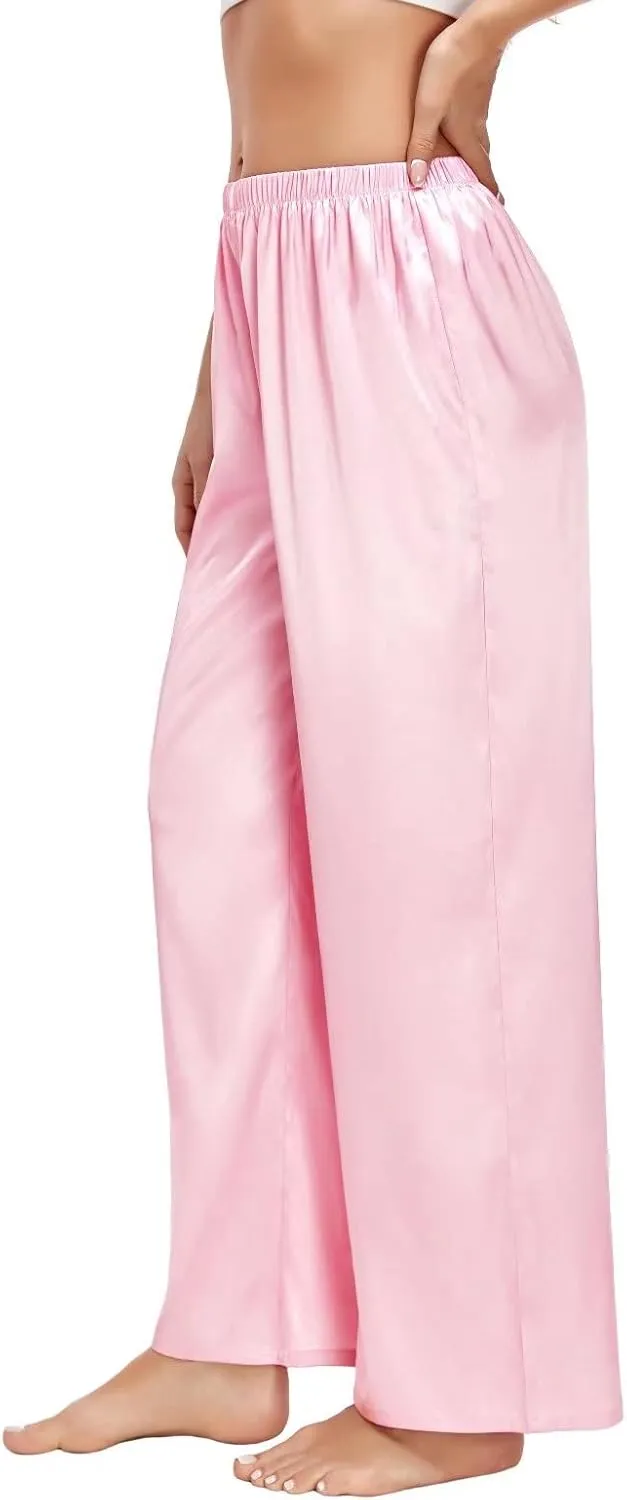 SWOMOG Women's Silk Satin Pajama Pants Longs Silky Sleep Pants Loungewear Trousers Elastic Waist Lounge Pj Bottoms