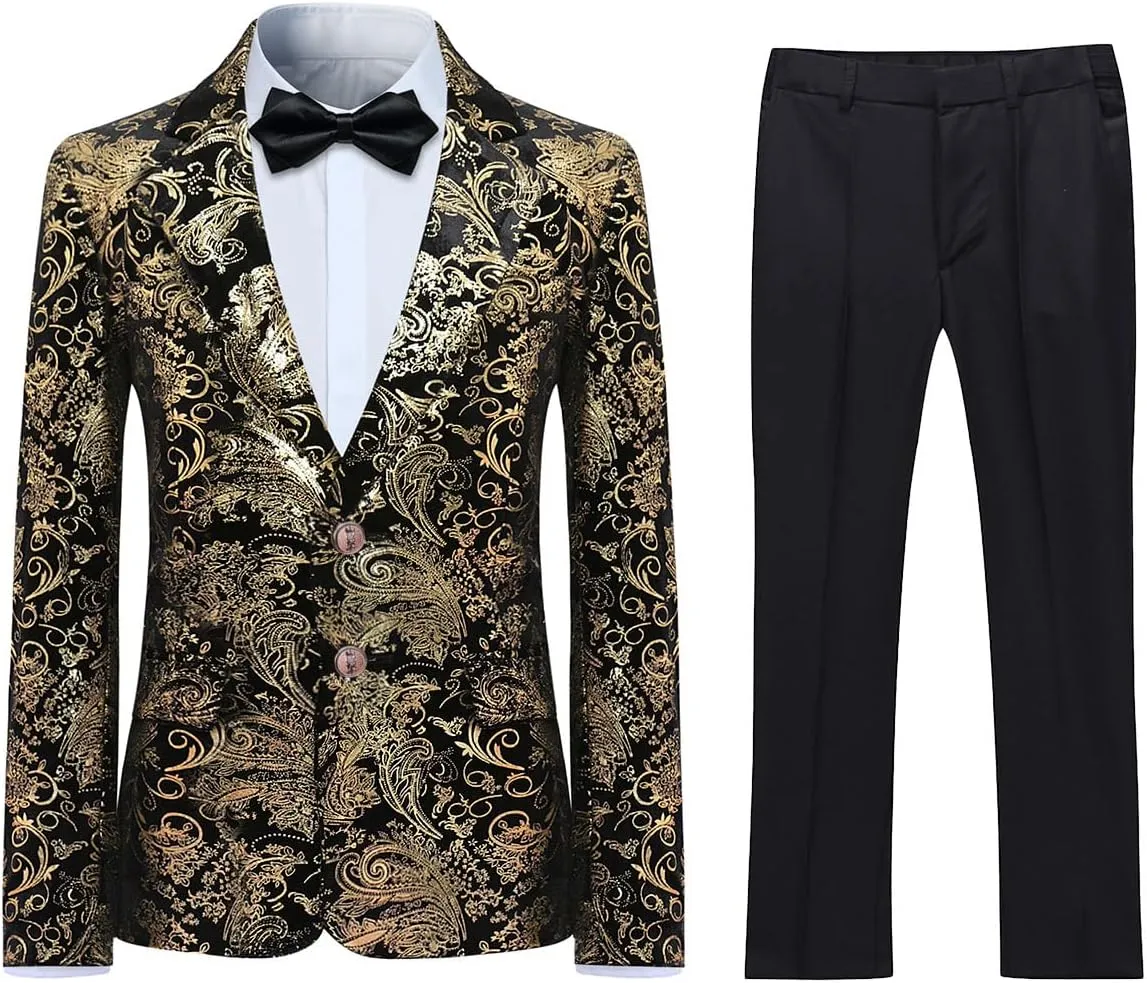 SWOTGdoby Boys Suit Formal Tuexdo Golden Jacquard Slim Fit 2 Pieces Suit Set Jacket Pants for Wedding Prom Party