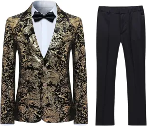 SWOTGdoby Boys Suit Formal Tuexdo Golden Jacquard Slim Fit 2 Pieces Suit Set Jacket Pants for Wedding Prom Party