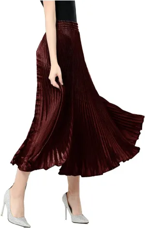 TONCHENGSD Women's Satin Metallic Pleated Accordion Long Maxi Skirt