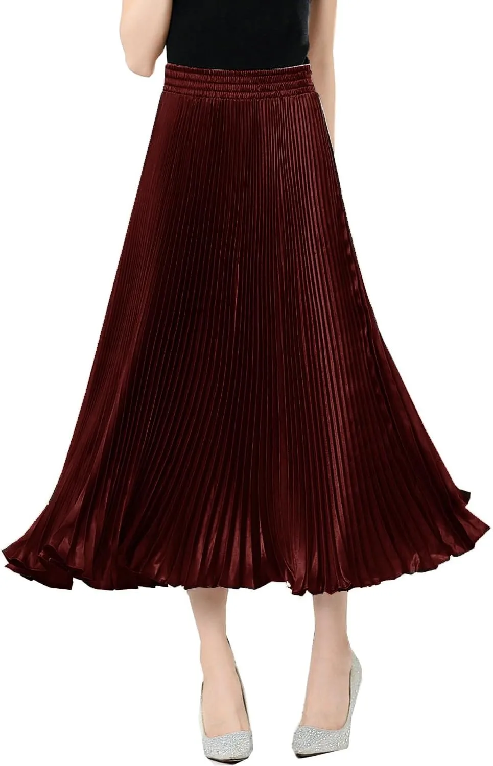 TONCHENGSD Women's Satin Metallic Pleated Accordion Long Maxi Skirt