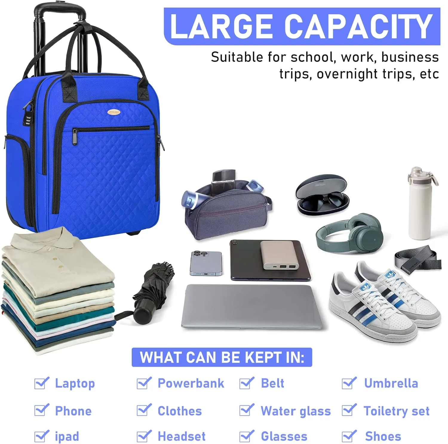 TORIBIO Carry on Underseat with Wheels, 16.5inch Lightweight Overnight Luggage Bag Carry-On Suitcase for Men Women Travel Business, Blue