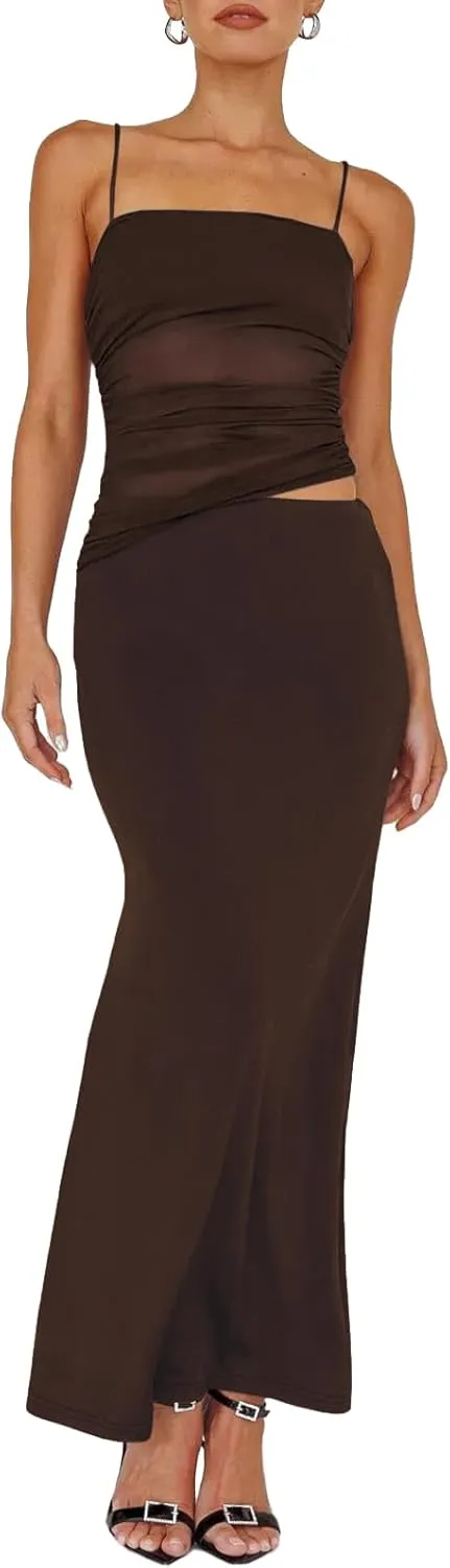 Two Piece Skirt Set for Women - Summer Vacation Outfits Sleeveless Asymmetrical Mesh Tank Crop Top Maxi Long Skirts
