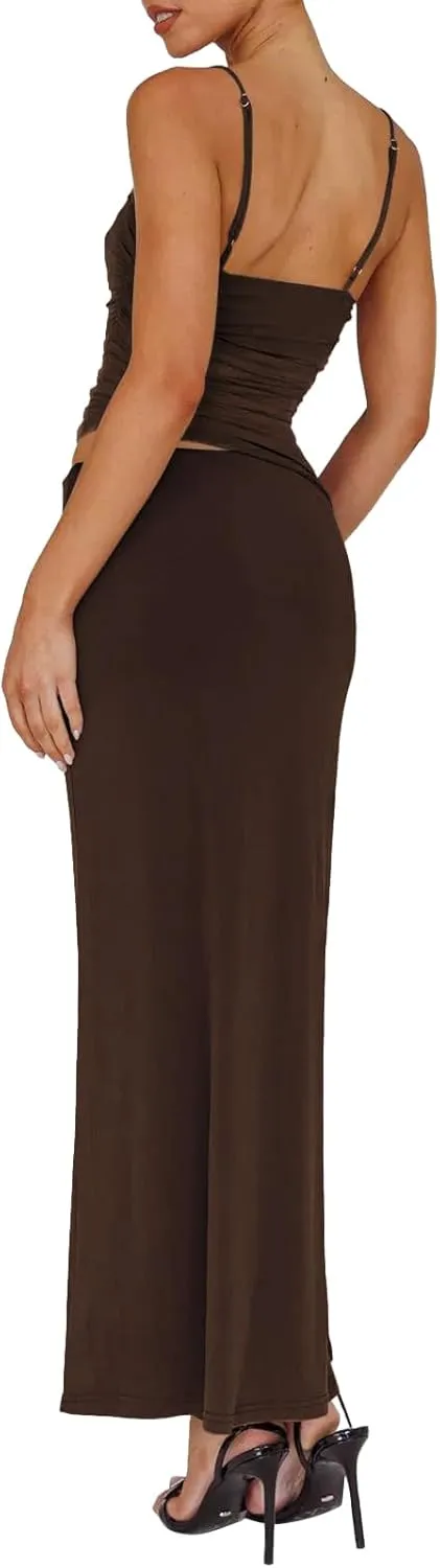 Two Piece Skirt Set for Women - Summer Vacation Outfits Sleeveless Asymmetrical Mesh Tank Crop Top Maxi Long Skirts