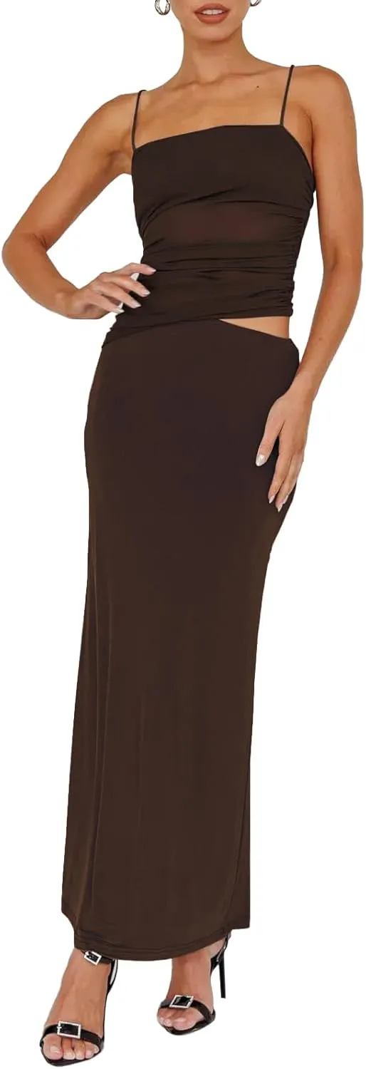 Two Piece Skirt Set for Women - Summer Vacation Outfits Sleeveless Asymmetrical Mesh Tank Crop Top Maxi Long Skirts