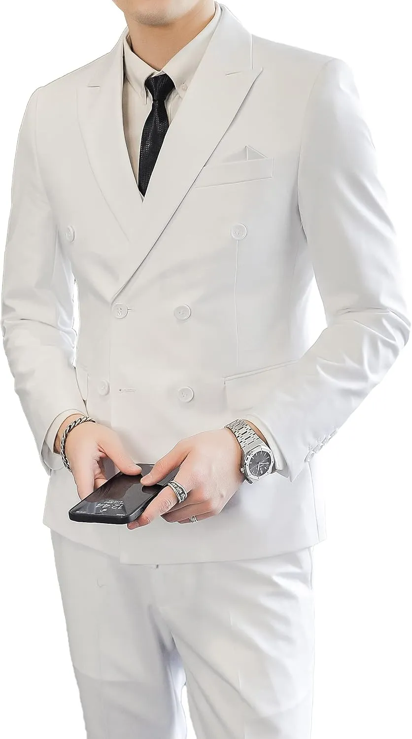 UNINUKOO Mens Suits 2 Piece Double Breasted Tuxedo Suit Slim Fit Wedding Party Dress Formal Suits for Men