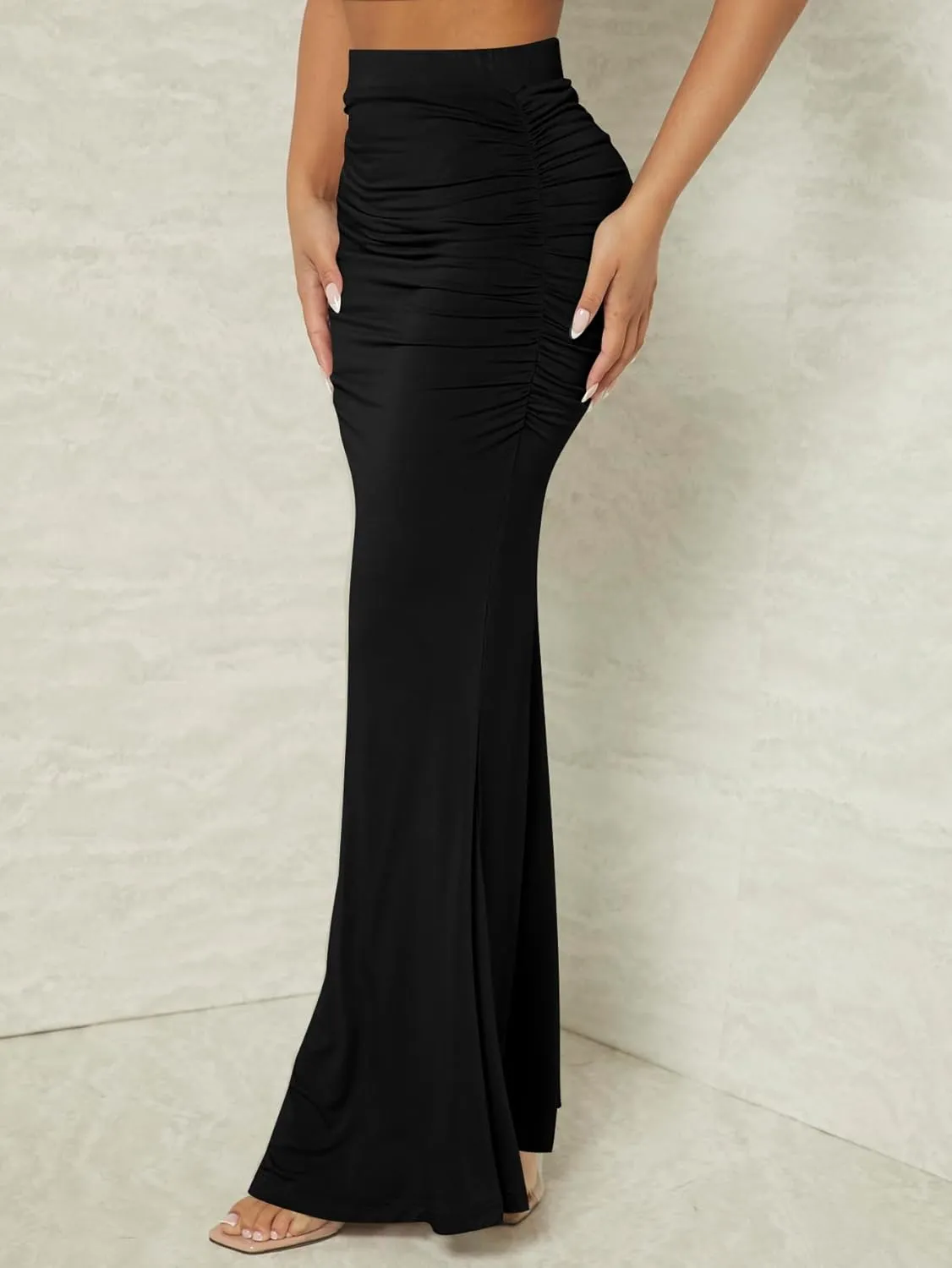 Verdusa Women's Casual Ruched High Waisted Fishtail Bodycon Long Maxi Skirt