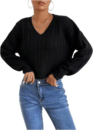 Verdusa Women's Drop Shoulder V Neck Sweater Jumper Long Sleeve Knit Pullover