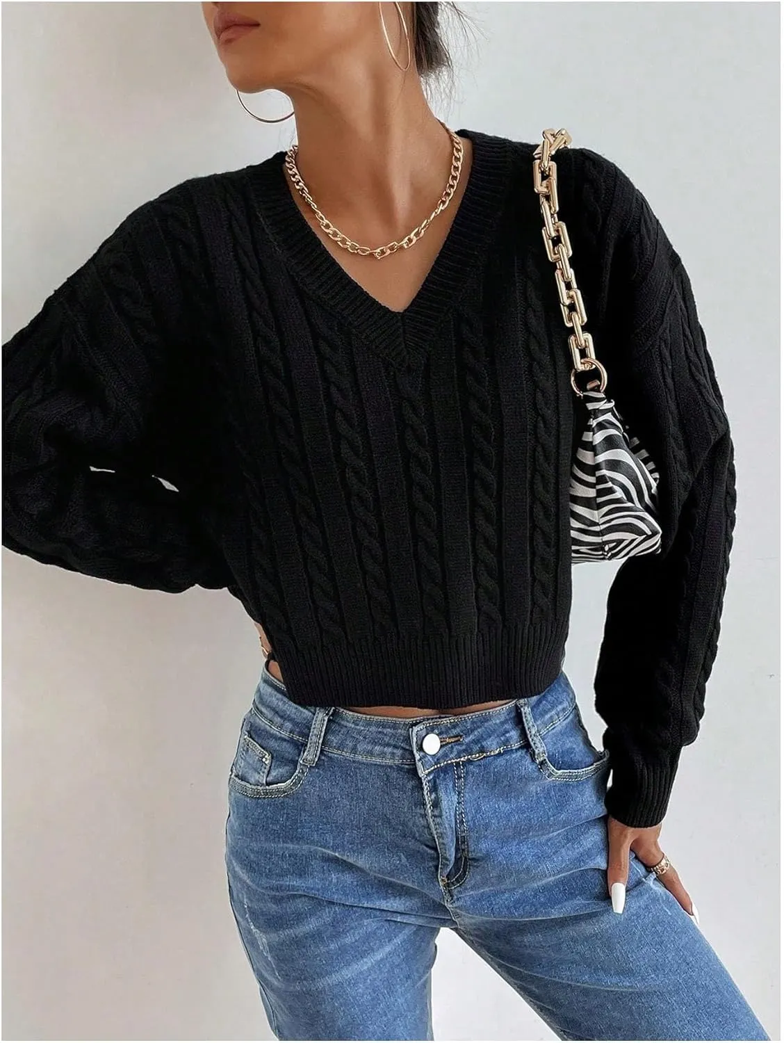 Verdusa Women's Drop Shoulder V Neck Sweater Jumper Long Sleeve Knit Pullover