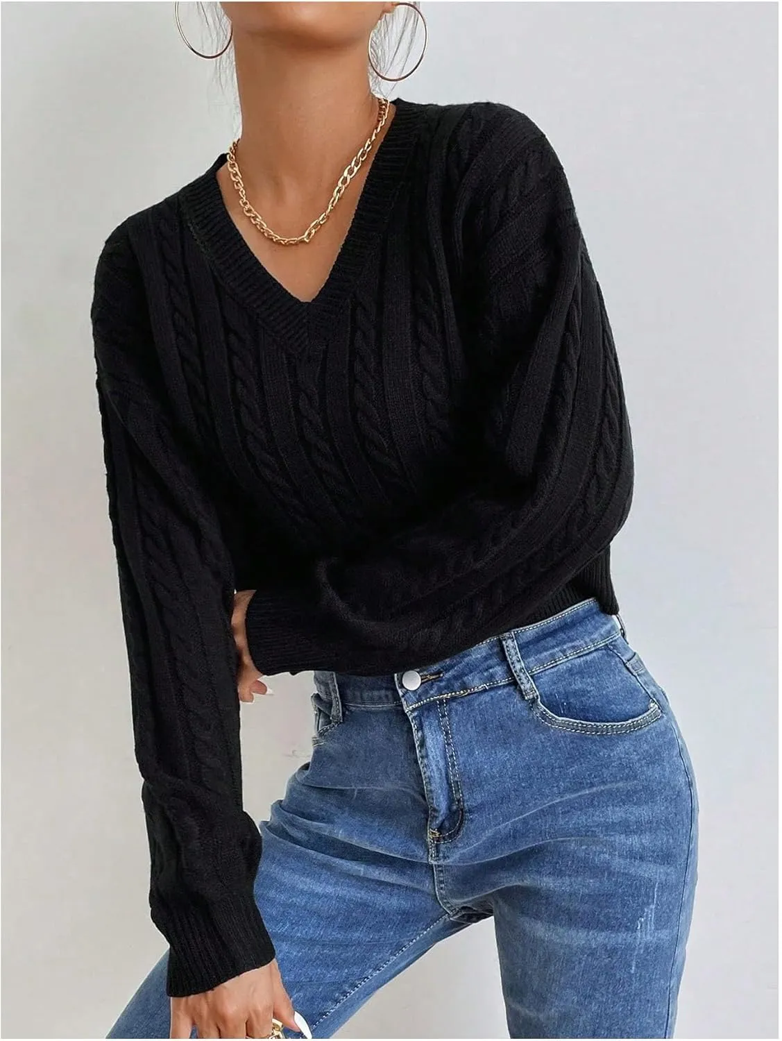 Verdusa Women's Drop Shoulder V Neck Sweater Jumper Long Sleeve Knit Pullover