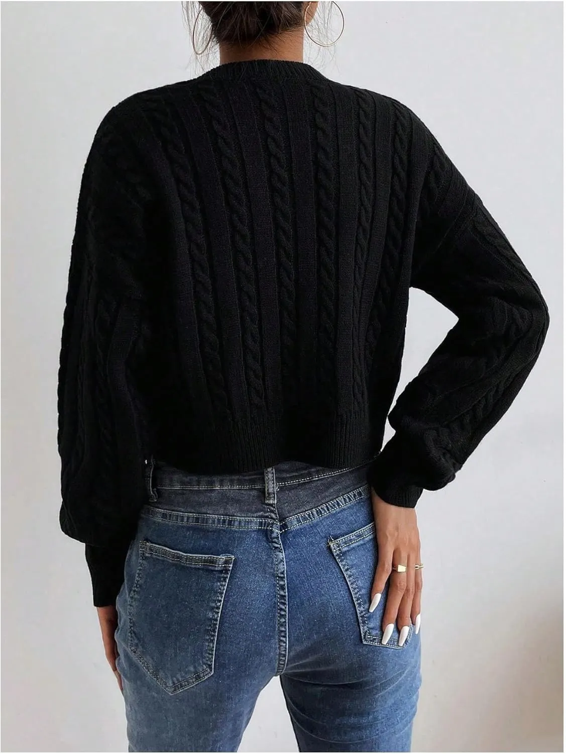 Verdusa Women's Drop Shoulder V Neck Sweater Jumper Long Sleeve Knit Pullover