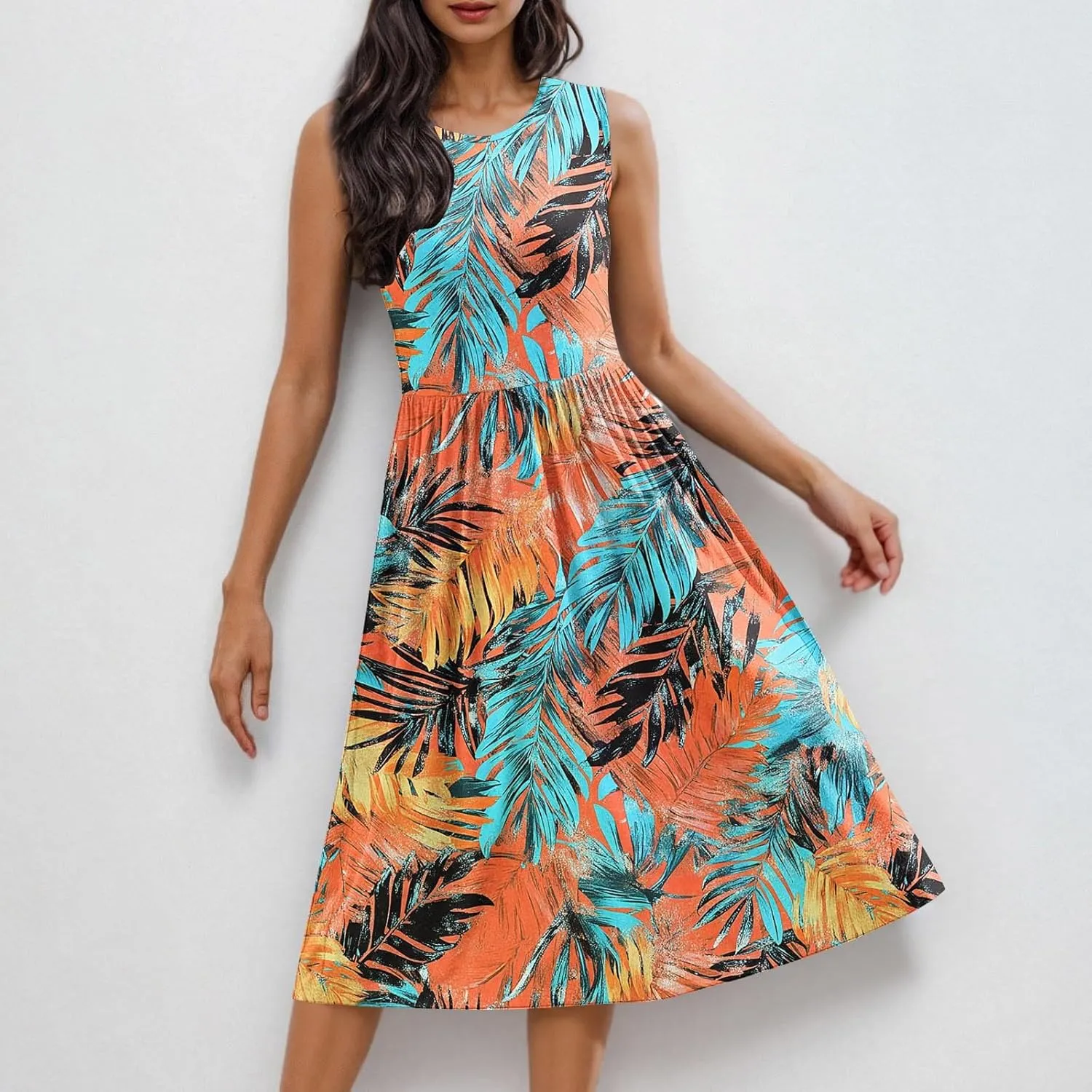 Vintage Floral Tank A-Line Dress Women Summer Sleeveless High Waist Midi Dresses Casual Flowy Sundress with Pockets