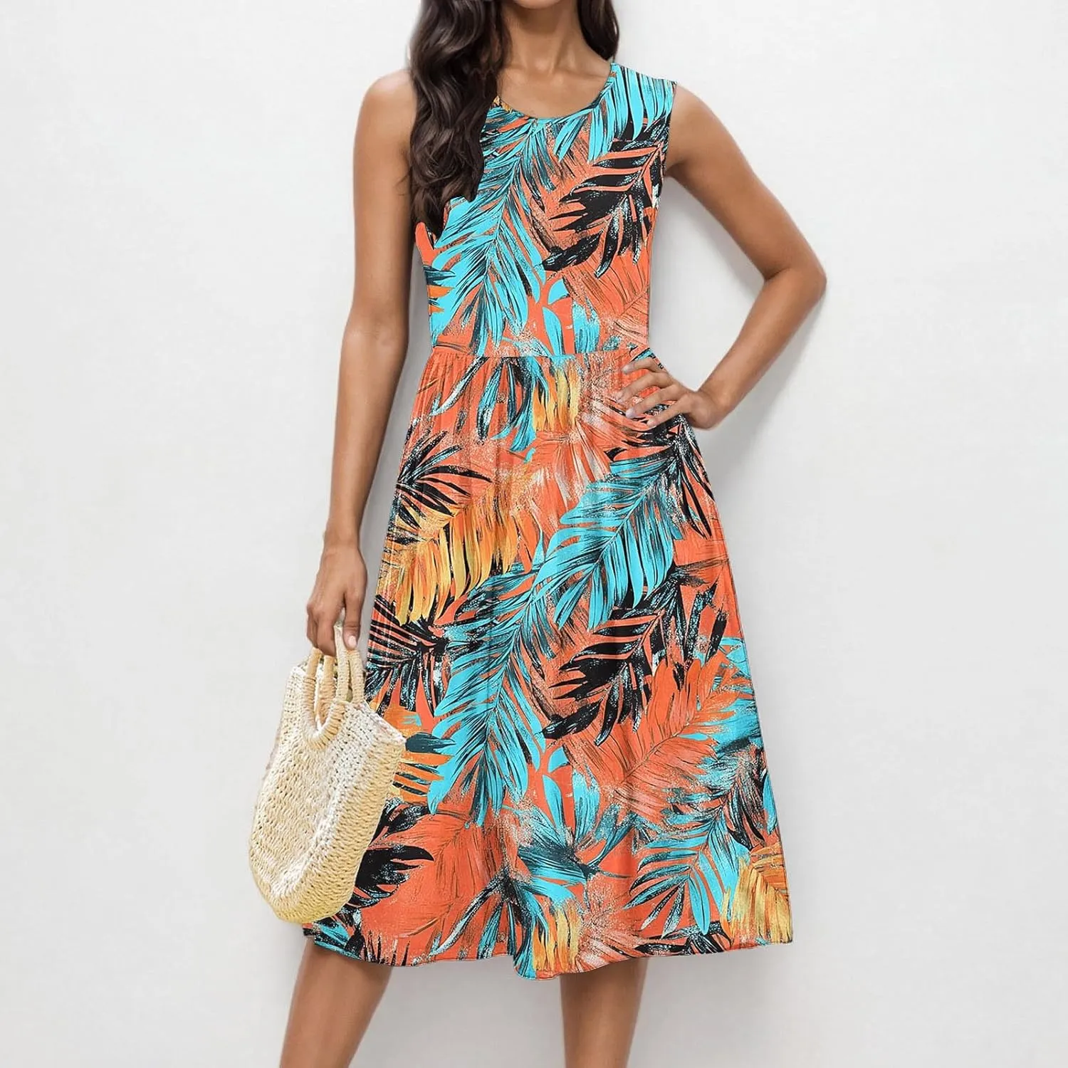 Vintage Floral Tank A-Line Dress Women Summer Sleeveless High Waist Midi Dresses Casual Flowy Sundress with Pockets
