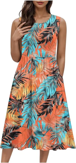 Vintage Floral Tank A-Line Dress Women Summer Sleeveless High Waist Midi Dresses Casual Flowy Sundress with Pockets