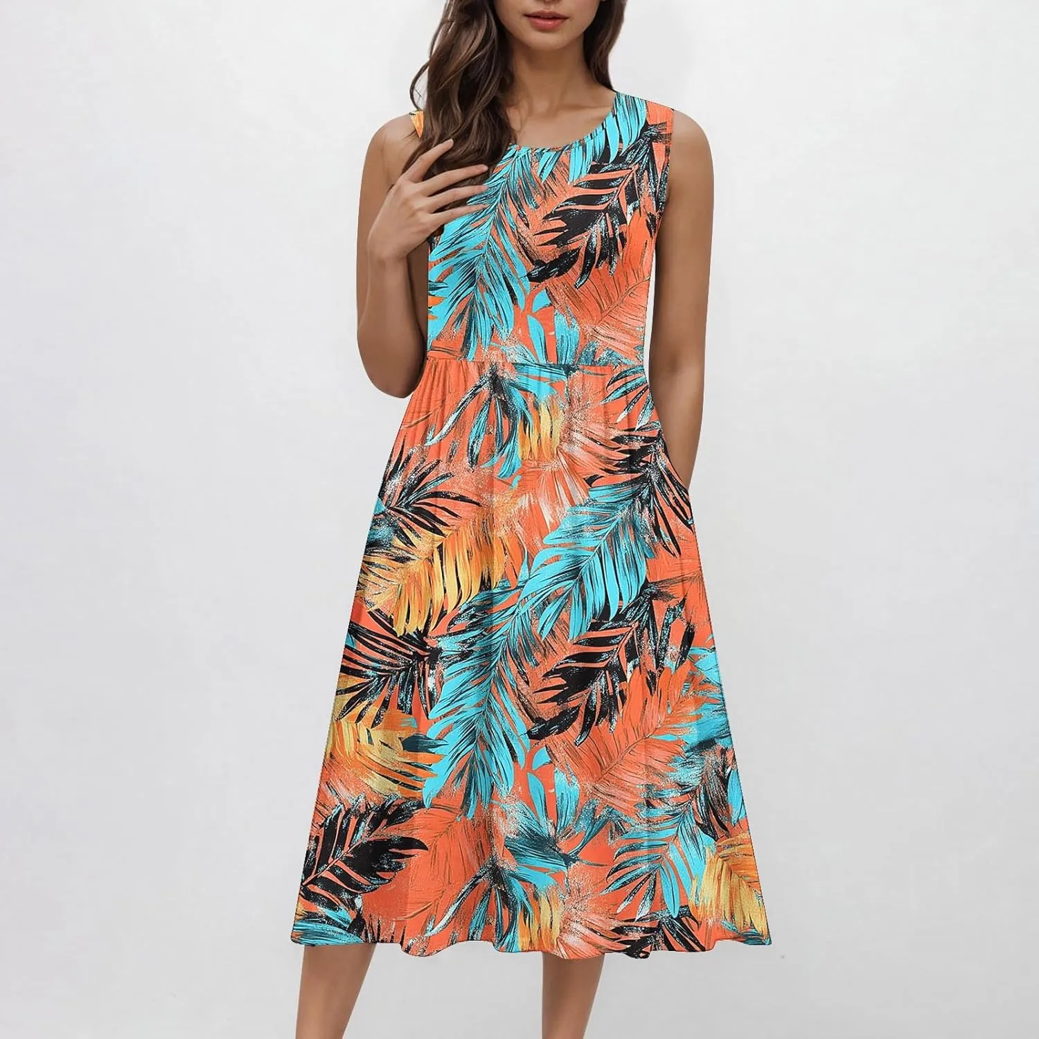Vintage Floral Tank A-Line Dress Women Summer Sleeveless High Waist Midi Dresses Casual Flowy Sundress with Pockets