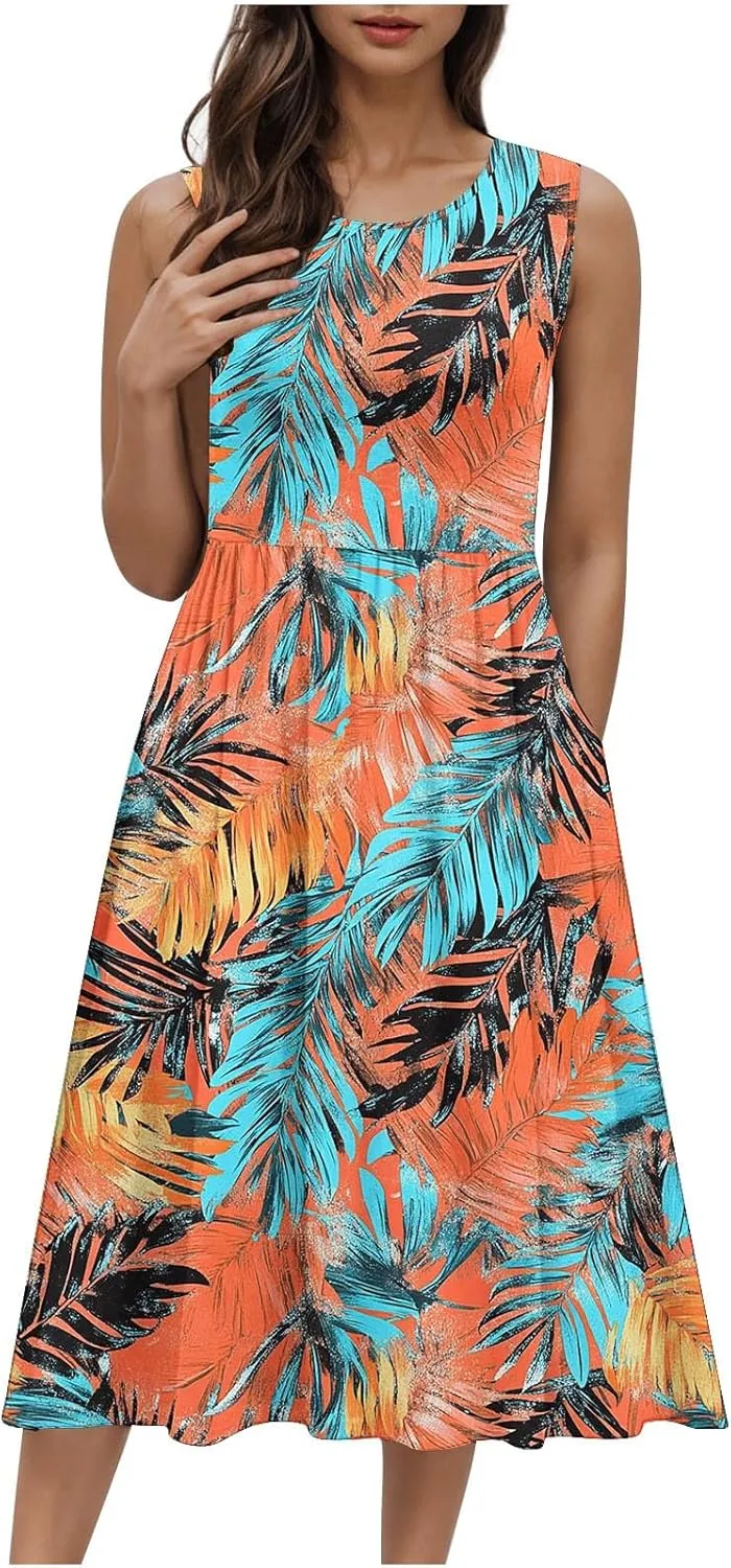 Vintage Floral Tank A-Line Dress Women Summer Sleeveless High Waist Midi Dresses Casual Flowy Sundress with Pockets